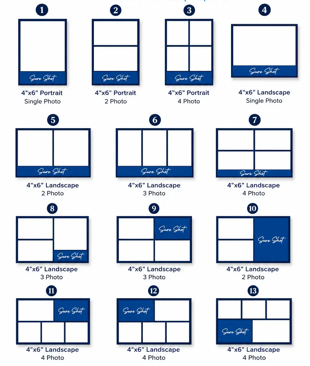 13 customizable photobooth print template layouts for Sure Shot Photobooth Rentals